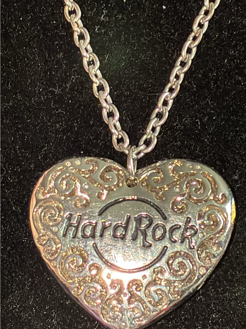 Hard Rock Cafe Silver Heart Logo Pendant Necklace with Scroll Accents